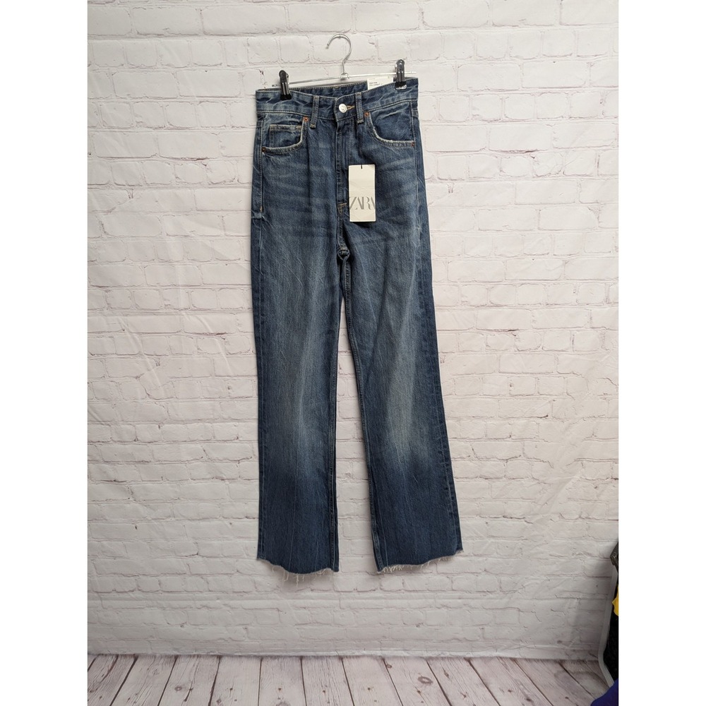 Zara High Rise Wide Leg Full Length Jeans Blue Raw Hem Women's 0 NWT